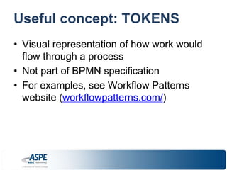 Useful concept: TOKENS 
• Visual representation of how work would 
flow through a process 
• Not part of BPMN specification 
• For examples, see Workflow Patterns 
website (workflowpatterns.com/) 
 