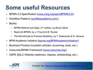 Some useful Resources 
• BPMN 2.0 Specification (www.omg.org/spec/BPMN/2.0/) 
• Workflow Patterns (workflowpatterns.com/) 
• Books: 
• BPMN Method and Style, 2nd edition, by Bruce Silver 
• Real-Life BPMN, by J. Freund & B. Rucker 
• The MicroGuide to Process Modeling, by T. Debevoise & R. Geneva 
• BPM Academic Initiative (bpmai.org/BPMAcademicInitiative/) 
• Business Process Incubator (articles, eLearning, tools, etc.) 
• Camunda BPMN Framework (www.camunda.org/) 
• ASPE SDLC Website (webinars, classes, articles/blog, etc.) 
Contact me: Razvan.Radulian@why-what-how.com :-) 
 