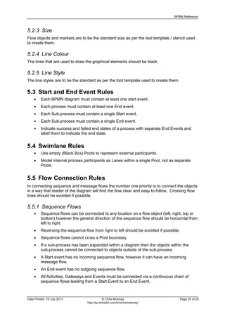 BPMN Reference
Date Printed: 18 July 2013 © Chris Moloney Page 20 of 25
http://au.linkedin.com/in/chrismoloney/
5.2.3 Size
Flow objects and markers are to be the standard size as per the tool template / stencil used
to create them.
5.2.4 Line Colour
The lines that are used to draw the graphical elements should be black.
5.2.5 Line Style
The line styles are to be the standard as per the tool template used to create them.
5.3 Start and End Event Rules
Each BPMN diagram must contain at least one start event.
Each process must contain at least one End event.
Each Sub-process must contain a single Start event.
Each Sub-process must contain a single End event.
Indicate success and failed end states of a process with separate End Events and
label them to indicate the end state.
5.4 Swimlane Rules
Use empty (Black Box) Pools to represent external participants.
Model internal process participants as Lanes within a single Pool, not as separate
Pools.
5.5 Flow Connection Rules
In connecting sequence and message flows the number one priority is to connect the objects
in a way that reader of the diagram will find the flow clear and easy to follow. Crossing flow
lines should be avoided if possible.
5.5.1 Sequence Flows
Sequence flows can be connected to any location on a flow object (left, right, top or
bottom) however the general direction of the sequence flow should be horizontal from
left to right.
Reversing the sequence flow from right to left should be avoided if possible.
Sequence flows cannot cross a Pool boundary.
If a sub-process has been expanded within a diagram then the objects within the
sub-process cannot be connected to objects outside of the sub-process.
A Start event has no incoming sequence flow, however it can have an incoming
message flow.
An End event has no outgoing sequence flow.
All Activities, Gateways and Events must be connected via a continuous chain of
sequence flows leading from a Start Event to an End Event.
 