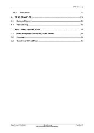 BPMN Reference
Date Printed: 18 July 2013 © Chris Moloney Page 3 of 25
http://au.linkedin.com/in/chrismoloney/
5.6.3 Event Names.....................................................................................................................22
6 BPMN EXAMPLES ........................................................................................... 23
6.1 Hardware Shipment ................................................................................................................23
6.2 Pizza Ordering .........................................................................................................................24
7 ADDITIONAL INFORMATION........................................................................... 25
7.1 Object Management Group (OMG) BPMN Standard............................................................25
7.2 Examples..................................................................................................................................25
7.3 Guidelines and Cheat Sheets.................................................................................................25
 
