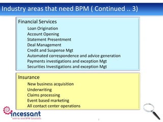 Industry areas that need BPM ( Continued .. 3)
     Financial Services
         Loan Origination
         Account Opening
         Statement Presentment
         Deal Management
         Credit and Suspense Mgt
         Automated correspondence and advice generation
         Payments investigations and exception Mgt
         Securities Investigations and exception Mgt

     Insurance
         New business acquisition
         Underwriting
         Claims processing
         Event based marketing
         All contact center operations
 