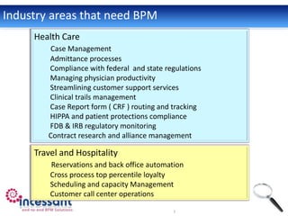 Industry areas that need BPM
     Health Care
        Case Management
        Admittance processes
        Compliance with federal and state regulations
        Managing physician productivity
        Streamlining customer support services
        Clinical trails management
        Case Report form ( CRF ) routing and tracking
        HIPPA and patient protections compliance
        FDB & IRB regulatory monitoring
        Contract research and alliance management

     Travel and Hospitality
         Reservations and back office automation
         Cross process top percentile loyalty
         Scheduling and capacity Management
         Customer call center operations
 