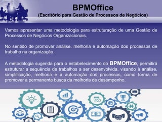 Vamos apresentar uma metodologia para estruturação de uma Gestão de
Processos de Negócios Organizacionais.
No sentido de promover análise, melhoria e automação dos processos de
trabalho na organização.
A metodologia sugerida para o estabelecimento do BPMOffice, permitirá
estruturar a sequência de trabalhos a ser desenvolvida, visando à análise,
simplificação, melhoria e à automação dos processos, como forma de
promover a permanente busca da melhoria de desempenho.
BPMOffice
(Escritório para Gestão de Processos de Negócios)
 