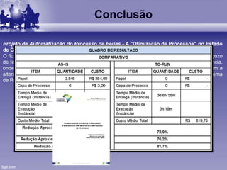 Conclusão
Projeto de Automatização do Processo de Férias - A "Otimização de Processos" no Estado
de Goiás.
O fluxo de atividades que se inicia no momento em que o servidor solicita um período para o gozo
de férias. A partir da solicitação, o processo passa por algumas etapas de análise e conferência,
onde a solicitação poderá ser reprovada ou podem haver algumas considerações que exijam a
alteração do período de gozo. Passadas estas etapas, a solicitação será registrada no Sistema
de Recursos Humanos, cuja integração é feita por meio de serviços específicos.
 