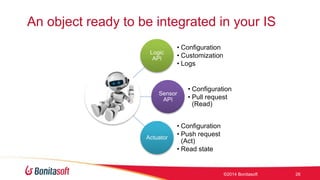 An object ready to be integrated in your IS 
Logic 
API 
? Configuration 
? Customization 
? Logs 
Sensor 
API 
? Configuration 
? Pull request 
(Read) 
Actuator 
? Configuration 
? Push request 
(Act) 
? Read state 
?2014 Bonitasoft 26 
 