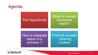 Agenda 
The Opportunity 
What is a smart 
connected 
object? 
How to integrate 
object in a 
process ? 
Proof of concept 
: Sharing 
Lockers 
?2014 Bonitasoft 3 
 
