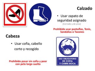 • Usar zapato de
seguridad asignado
(Cerrado y de piso)
Prohibido usar pantuflas, Tenis,
Sandalias o Tacones
Calzado
Cabeza
• Usar cofia, cabello
corto y recogido
Prohibido pasar sin cofia y peor
con pelo largo suelto
 