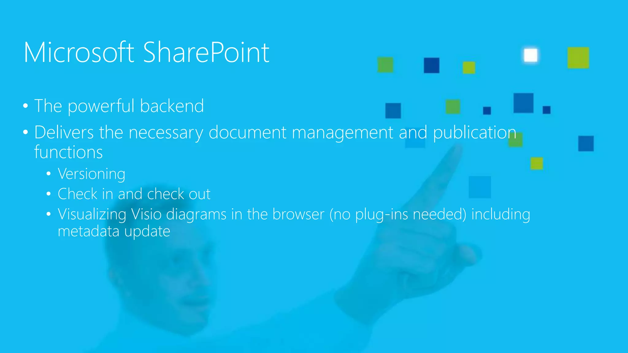 Microsoft SharePoint
• The powerful backend
• Delivers the necessary document management and publication
functions
• Versioning
• Check in and check out
• Visualizing Visio diagrams in the browser (no plug-ins needed) including
metadata update
 
