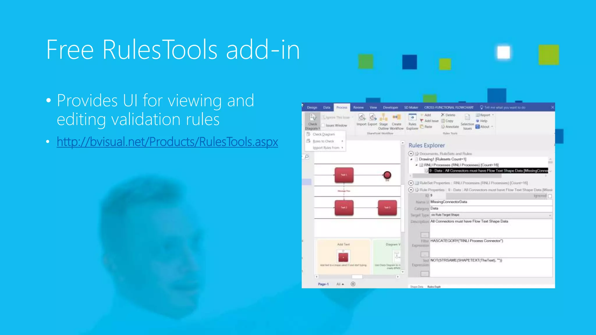 Free RulesTools add-in
• Provides UI for viewing and
editing validation rules
• http://bvisual.net/Products/RulesTools.aspx
 