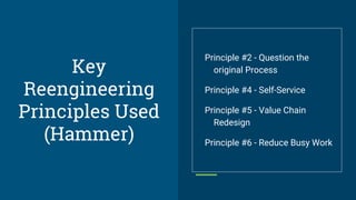 Key
Reengineering
Principles Used
(Hammer)
Principle #2 - Question the
original Process
Principle #4 - Self-Service
Principle #5 - Value Chain
Redesign
Principle #6 - Reduce Busy Work
 