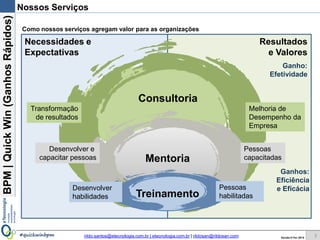 BPM|Quickwins(GanhosRápidos)
Versão 10 Jun 2015rildo.santos@etecnologia.com.br | etecnologia.com.br | rildosan@rildosan.com#quickwinsbpm
Nossos Serviços
Como nossos serviços agregam valor para as organizações
3
Mentoria
Treinamento
Consultoria
Desenvolver e
capacitar pessoas
Desenvolver
habilidades
Pessoas
capacitadas
Necessidades e
Expectativas
Resultados
e Valores
Ganhos:
Eficiência
e Eficácia
Ganho:
Efetividade
Transformação
de resultados
Melhoria de
Desempenho da
Empresa
Pessoas
habilitadas
 