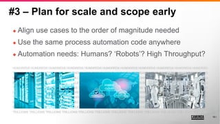 19
#3 – Plan for scale and scope early
◆ Align use cases to the order of magnitude needed
◆ Use the same process automation code anywhere
◆ Automation needs: Humans? ‘Robots’? High Throughput?
19
 