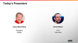 2
Today’s Presenters
Daniel Meyer
CTO
Camunda
Jason Bloomberg
President
Intellyx
 