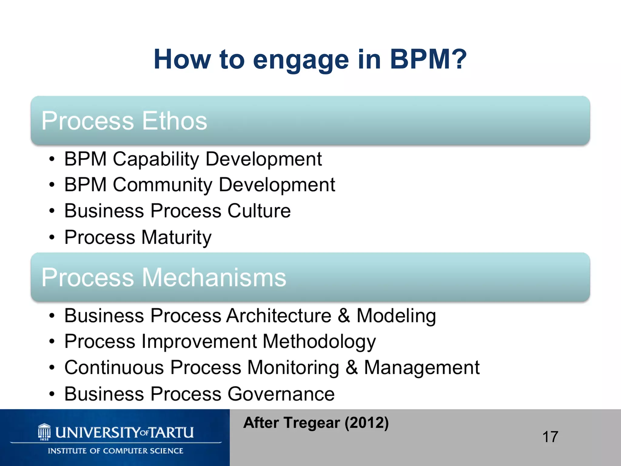 17
How to engage in BPM?
After Tregear (2012)
 