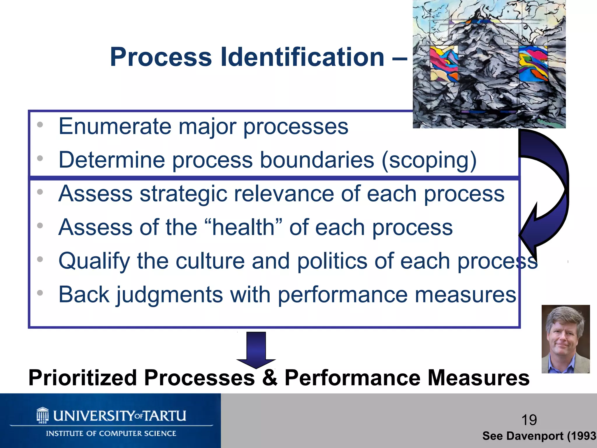 19
Process Identification – Steps
• Enumerate major processes
• Determine process boundaries (scoping)
• Assess strategic relevance of each process
• Assess of the “health” of each process
• Qualify the culture and politics of each process
• Back judgments with performance measures
See Davenport (1993)
Prioritized Processes & Performance Measures
 
