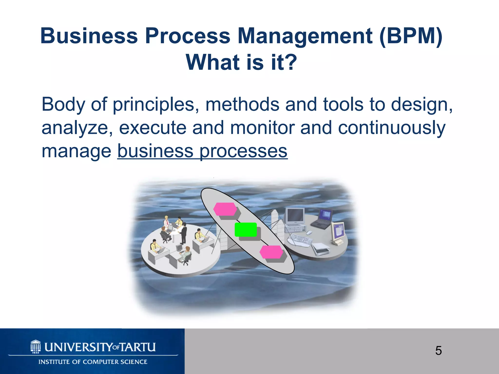 5
Business Process Management (BPM)
What is it?
Body of principles, methods and tools to design,
analyze, execute and monitor and continuously
manage business processes
 