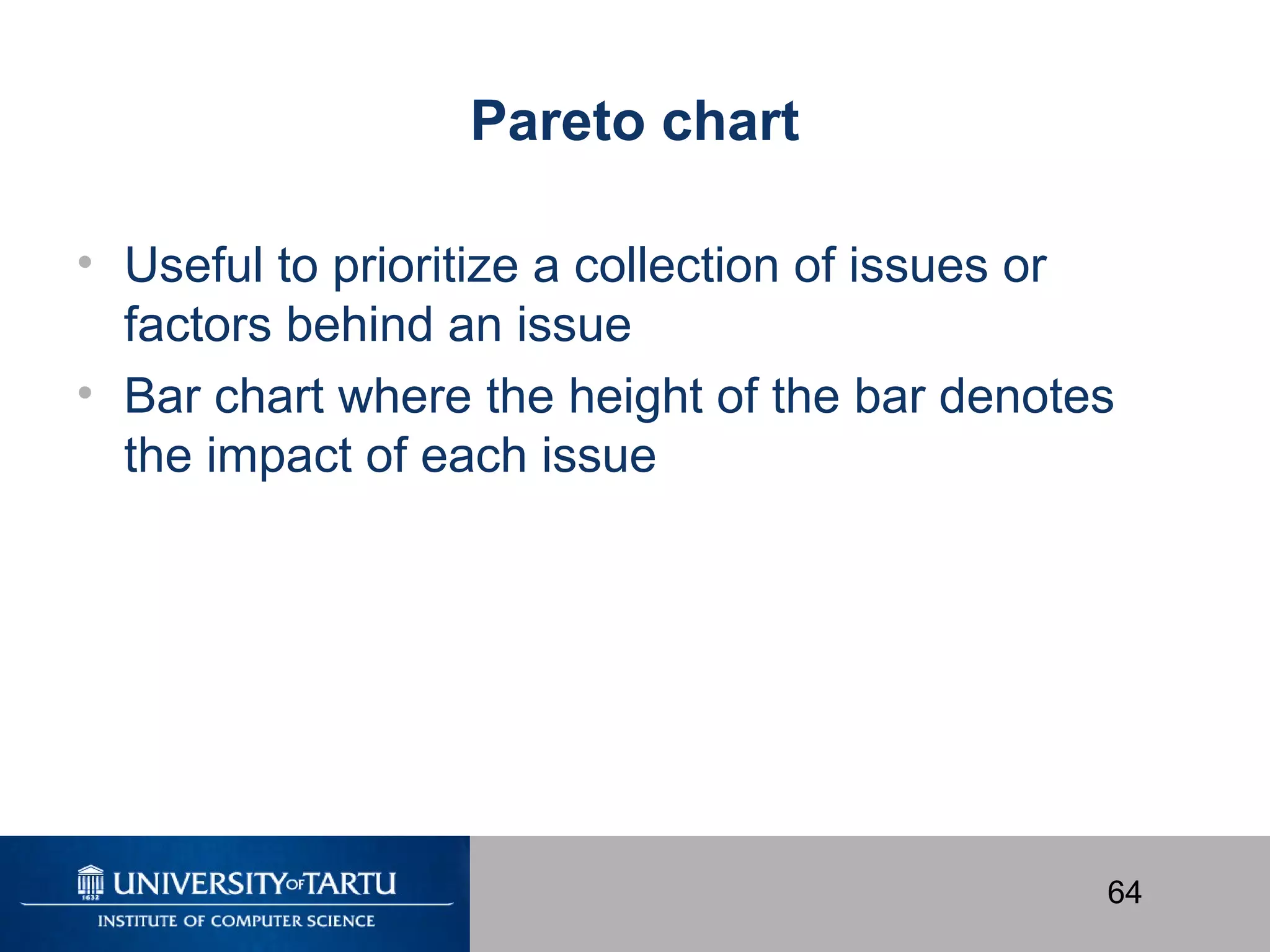 64
Pareto chart
• Useful to prioritize a collection of issues or
factors behind an issue
• Bar chart where the height of the bar denotes
the impact of each issue
 