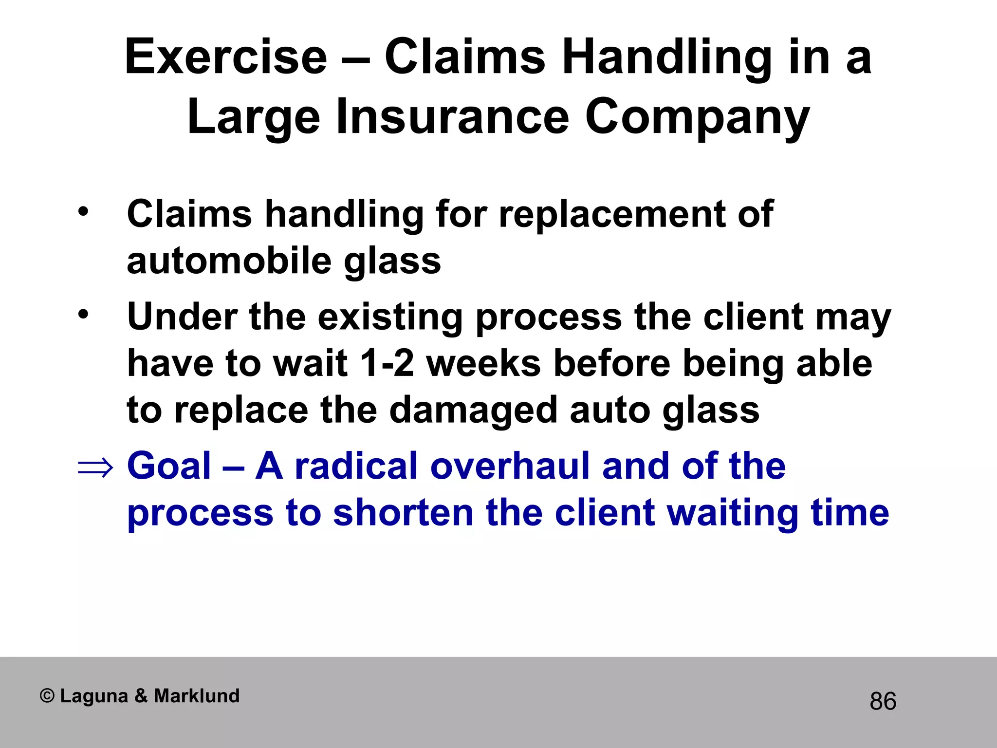 86
Exercise – Claims Handling in a
Large Insurance Company
• Claims handling for replacement of
automobile glass
• Under the existing process the client may
have to wait 1-2 weeks before being able
to replace the damaged auto glass
⇒ Goal – A radical overhaul and of the
process to shorten the client waiting time
© Laguna & Marklund
 