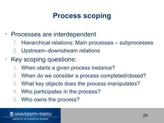 24
Process scoping
• Processes are interdependent
1. Hierarchical relations: Main processes – subprocesses
2. Upstream–dow...