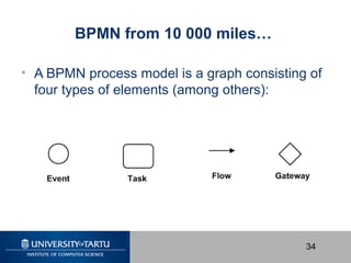 34
BPMN from 10 000 miles…
• A BPMN process model is a graph consisting of
four types of elements (among others):
 