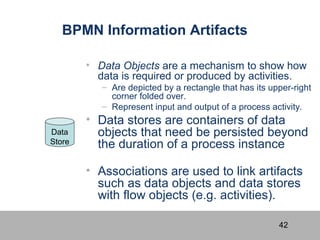 42
BPMN Information Artifacts
• Data Objects are a mechanism to show how
data is required or produced by activities.
– Are...