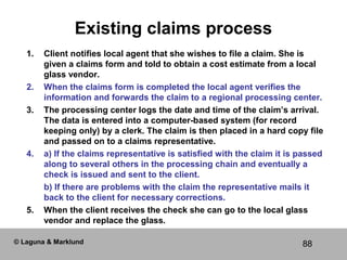 88
Existing claims process
1. Client notifies local agent that she wishes to file a claim. She is
given a claims form and ...