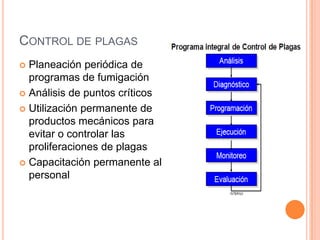Control de plagasPlaneación periódica de programas de fumigaciónAnálisis de puntos críticosUtilización permanente de productos mecánicos para evitar o controlar las proliferaciones de plagasCapacitación permanente al personal  