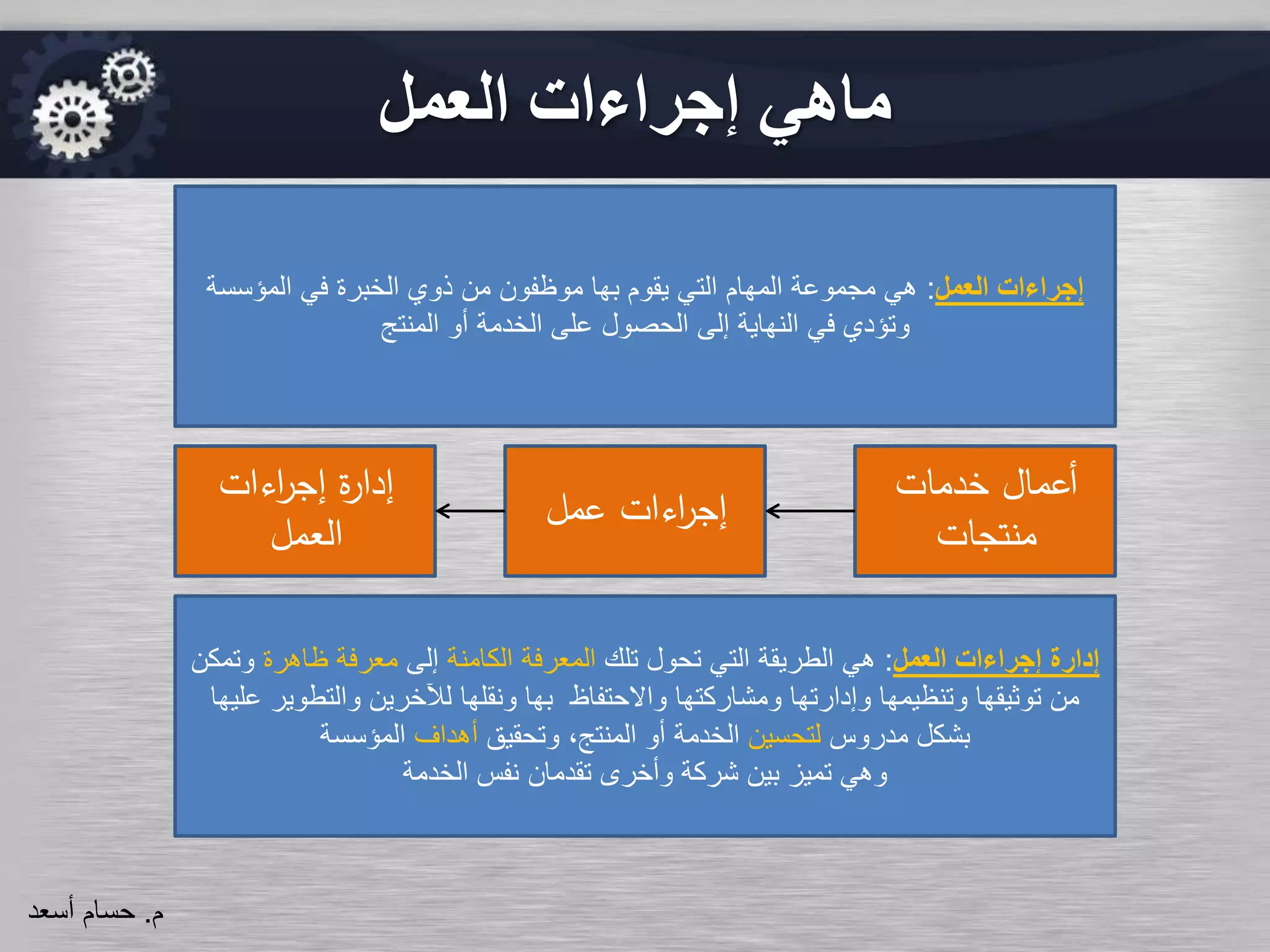 ‫العمل‬ ‫إجراءات‬ ‫ماهي‬
‫اءات‬‫ر‬‫إج‬ ‫ة‬‫ر‬‫إدا‬
‫العمل‬
‫عمل‬ ‫اءات‬‫ر‬‫إج‬
‫خدمات‬ ‫أعمال‬
‫منتجات‬
‫العمل‬ ‫إجراءات‬:‫المؤسسة‬ ‫في‬ ‫الخبرة‬ ‫ذوي‬ ‫من‬ ‫موظفون‬ ‫بها‬ ‫يقوم‬ ‫التي‬ ‫المهام‬ ‫مجموعة‬ ‫هي‬
‫المنتج‬ ‫أو‬ ‫الخدمة‬ ‫على‬ ‫الحصول‬ ‫إلى‬ ‫النهاية‬ ‫في‬ ‫وتؤدي‬
‫العمل‬ ‫إجراءات‬ ‫إدارة‬:‫تلك‬ ‫تحول‬ ‫التي‬ ‫الطريقة‬ ‫هي‬‫الكامنة‬ ‫المعرفة‬‫إلى‬‫ظاهرة‬ ‫معرفة‬‫و‬‫تمكن‬
‫والتطوي‬ ‫لآلخرين‬ ‫ونقلها‬ ‫بها‬ ‫واالحتفاظ‬ ‫ومشاركتها‬ ‫وإدارتها‬ ‫وتنظيمها‬ ‫توثيقها‬ ‫من‬‫عليها‬ ‫ر‬
‫مدروس‬ ‫بشكل‬‫لتحسين‬‫وتحقيق‬ ،‫المنتج‬ ‫أو‬ ‫الخدمة‬‫أهداف‬‫المؤسسة‬
‫الخدمة‬ ‫نفس‬ ‫تقدمان‬ ‫وأخرى‬ ‫شركة‬ ‫بين‬ ‫تميز‬ ‫وهي‬
‫م‬.‫حسام‬‫أسعد‬
 