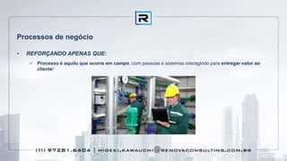 Processos de negócio
• REFORÇANDO APENAS QUE:
 Processo é aquilo que ocorre em campo, com pessoas e sistemas interagindo para entregar valor ao
cliente!
 