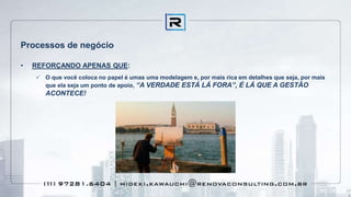 Processos de negócio
• REFORÇANDO APENAS QUE:
 O que você coloca no papel é umas uma modelagem e, por mais rica em detalhes que seja, por mais
que ela seja um ponto de apoio, “A VERDADE ESTÁ LÁ FORA”, É LÁ QUE A GESTÃO
ACONTECE!
 