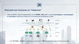 Execução por humanos ou “máquinas”
• Aliando BPM a outros habilitadores como BPMS, SOA, IoT e outras tecnologias, metodologias
e conceitos, devemos chegar em uma estrutura semelhante a esta:
 