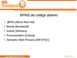 BPMS de código abierto
● jBPM (JBoss Red Hat)
● Bonita (Bonitasoft)
● Activiti (Alfresco)
● Processmaker (Colosa)
● Semantic Web Process (INFOTEC)
 