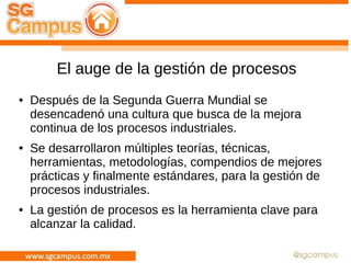 El auge de la gestión de procesos
● Después de la Segunda Guerra Mundial se
desencadenó una cultura que busca de la mejora
continua de los procesos industriales.
● Se desarrollaron múltiples teorías, técnicas,
herramientas, metodologías, compendios de mejores
prácticas y finalmente estándares, para la gestión de
procesos industriales.
● La gestión de procesos es la herramienta clave para
alcanzar la calidad.
 
