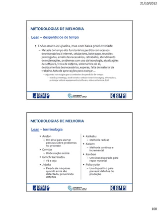 21/10/2012
100
Lean – desperdícios de tempo
METODOLOGIAS DE MELHORIA
Lean – terminologia
METODOLOGIAS DE MELHORIA
 