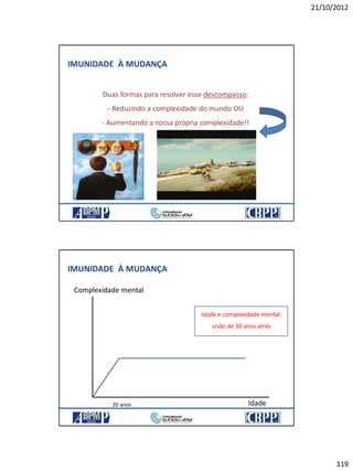 21/10/2012
119
IMUNIDADE À MUDANÇA
Duas formas para resolver esse descompasso:
- Reduzindo a complexidade do mundo OU
- Aumentando a nossa própria complexidade!!
IMUNIDADE À MUDANÇA
Idade
Complexidade mental
Idade e complexidade mental:
visão de 30 anos atrás
20 anos
 
