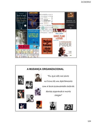 21/10/2012
124
A MUDANÇA ORGANIZACIONAL
“Eu que não me sento
no trono de um apartamento
com a boca escancarada cheia de
dentes esperando a morte
chegar”
 