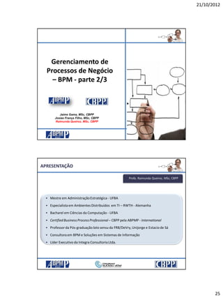 21/10/2012
25
21/10/2012 49
Gerenciamento de
Processos de Negócio
– BPM - parte 2/3
Jaime Gama, MSc, CBPP
Josias França Filho, MSc, CBPP
Raimunda Queiroz, MSc, CBPP
21/10/2012
• Mestre em AdministraçãoEstratégica- UFBA
• Especialista em Ambientes Distribuídos em TI – RWTH - Alemanha
• Bacharel em Ciências da Computação - UFBA
• CertifiedBusinessProcessProfessional– CBPP pela ABPMP - International
• Professor da Pós-graduação lato sensu da FRB/DeVry,Unijorge e Estacio de Sá
• Consultora em BPM e Soluções em Sistemas de Informação
• Líder Executivo da Integra Consultoria Ltda.
Profa. Raimunda Queiroz, MSc, CBPP
APRESENTAÇÃO
 