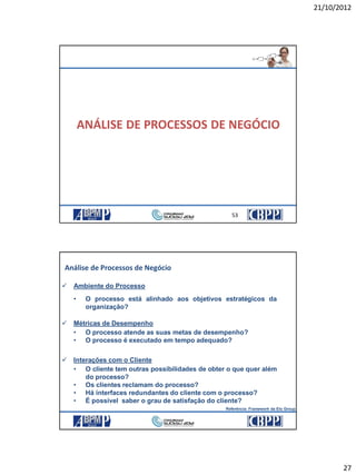 21/10/2012
27
21/10/2012 53
ANÁLISE DE PROCESSOS DE NEGÓCIO
21/10/2012 53
 Ambiente do Processo
• O processo está alinhado aos objetivos estratégicos da
organização?
Referência: Framework da Elo Group
Análise de Processos de Negócio
 Métricas de Desempenho
• O processo atende as suas metas de desempenho?
• O processo é executado em tempo adequado?
 Interações com o Cliente
• O cliente tem outras possibilidades de obter o que quer além
do processo?
• Os clientes reclamam do processo?
• Há interfaces redundantes do cliente com o processo?
• É possível saber o grau de satisfação do cliente?
21/10/2012 54
 