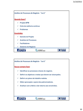 21/10/2012
30
Quando fazer?
 Projeto BPM
 Ciclo de melhoria continua
 Problemas
Envolvidos
 Gerente do Projeto
 Analista de Processos
 Facilitadores
 Gestores do Negócio
Análise de Processos de Negócio - “as is”
21/10/2012 59
Buscar sempre fazer
 Identificar os processos chaves do negócio.
 Definir os objetivos e metas que devem ser alcançados.
 Definir um plano de trabalho realista.
 Obter aprovação e apoio dos patrocinadores.
 Analisar com critério e dar retorno aos envolvidos.
Análise de Processos de Negócio - “as is”
21/10/2012 60
 