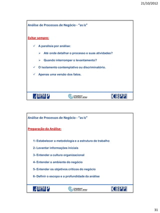 21/10/2012
31
Análise de Processos de Negócio - “as is”
Evitar sempre:
 A paralisia por análise:
 Até onde detalhar o processo e suas atividades?
 Quando interromper o levantamento?
 O isolamento contemplativo ou discriminatório.
 Apenas uma versão dos fatos.
21/10/2012 61
Preparação da Análise:
1- Estabelecer a metodologia e a estrutura de trabalho
2- Levantar informações iniciais
3- Entender a cultura organizacional
4- Entender o ambiente do negócio
5- Entender os objetivos críticos do negócio
6- Definir o escopo e a profundidade da análise
Análise de Processos de Negócio - “as is”
21/10/2012 62
 