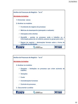 21/10/2012
32
Atividades da Análise
1- Entrevistar atores
2- Analisar os modelos
 O ambiente de negócio do processo
 Métricas de desempenho (planejado x realizado)
 Interações entre clientes
 Handoffs – pontos no processo onde o trabalho ou a
informação passa de um sistema, pessoa ou grupo para outro
 Regras de negócio – declarações formais sobre a forma de
realização de atividades
Análise de Processos de Negócio - “as is”
21/10/2012 63
Atividades da Análise
2- Analisar os modelos
 Gargalos – limitações no processo que criam acúmulo de
trabalho
 Variações
 Custo
 Considerações humanas
 Controle do processo
3 - Documentar a análise
Análise de Processos de Negócio - “as is”
21/10/2012 64
 