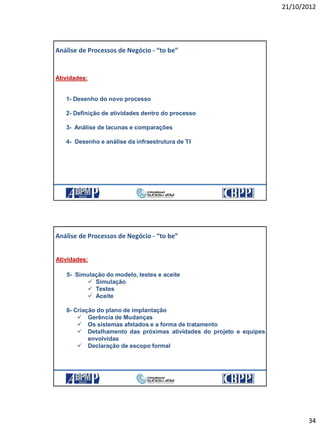 21/10/2012
34
Atividades:
1- Desenho do novo processo
2- Definição de atividades dentro do processo
3- Análise de lacunas e comparações
4- Desenho e análise da infraestrutura de TI
Análise de Processos de Negócio - “to be”
21/10/2012 67
Atividades:
5- Simulação do modelo, testes e aceite
 Simulação
 Testes
 Aceite
6- Criação do plano de implantação
 Gerência de Mudanças
 Os sistemas afetados e a forma de tratamento
 Detalhamento das próximas atividades do projeto e equipes
envolvidas
 Declaração de escopo formal
Análise de Processos de Negócio - “to be”
21/10/2012 68
 