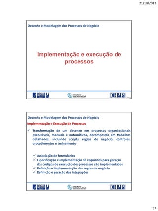 21/10/2012
57
113
113
Implementação e execução de
processos
Desenho e Modelagem dos Processos de Negócio
21/10/2012 113
114
Implementação e Execução de Processos
 Associação de formulários
 Especificação e implementação de requisitos para geração
dos códigos de execução dos processos são implementados
 Definição e implementação das regras de negócio
 Definição e geração das integrações
 Transformação de um desenho em processos organizacionais
executáveis, manuais e automáticos, decompostos em trabalhos
detalhados, incluindo scripts, regras de negócio, controles,
procedimentos e treinamento
Desenho e Modelagem dos Processos de Negócio
21/10/2012 114
 