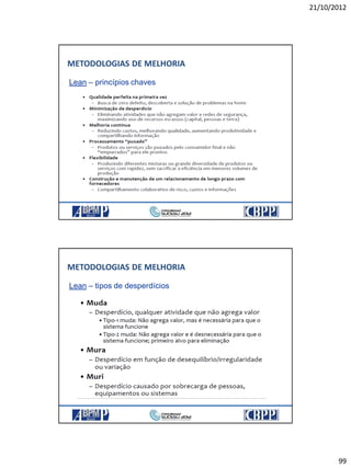 21/10/2012
99
Lean – princípios chaves
METODOLOGIAS DE MELHORIA
Lean – tipos de desperdícios
METODOLOGIAS DE MELHORIA
 