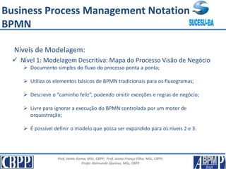 Prof. Jaime Gama, MSc, CBPP; Prof. Josias França Filho, MSc, CBPP;
Profa. Raimunda Queiroz, MSc, CBPP
Níveis de Modelagem:
 Nível 1: Modelagem Descritiva: Mapa do Processo Visão de Negócio
 Documento simples do fluxo do processo ponta a ponta;
 Utiliza os elementos básicos de BPMN tradicionais para os fluxogramas;
 Descreve o “caminho feliz”, podendo omitir exceções e regras de negócio;
 Livre para ignorar a execução do BPMN controlada por um motor de
orquestração;
 É possível definir o modelo que possa ser expandido para os níveis 2 e 3.
Business Process Management Notation -
BPMN
 