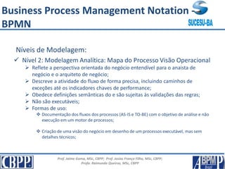 Prof. Jaime Gama, MSc, CBPP; Prof. Josias França Filho, MSc, CBPP;
Profa. Raimunda Queiroz, MSc, CBPP
Níveis de Modelagem:
 Nível 2: Modelagem Analítica: Mapa do Processo Visão Operacional
 Reflete a perspectiva orientada do negócio entendível para o anaista de
negócio e o arquiteto de negócio;
 Descreve a atividade do fluxo de forma precisa, incluindo caminhos de
exceções até os indicadores chaves de performance;
 Obedece definições semânticas do e são sujeitas às validações das regras;
 Não são executáveis;
 Formas de uso:
 Documentação dos fluxos dos processos (AS-IS e TO-BE) com o objetivo de análise e não
execução em um motor de processos;
 Criação de uma visão do negócio em desenho de um processos executável, mas sem
detalhes técnicos;
Business Process Management Notation -
BPMN
 