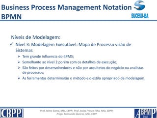 Prof. Jaime Gama, MSc, CBPP; Prof. Josias França Filho, MSc, CBPP;
Profa. Raimunda Queiroz, MSc, CBPP
Níveis de Modelagem:
 Nível 3: Modelagem Executável: Mapa de Processo visão de
Sistemas
 Tem grande influencia do BPMS;
 Semelhante ao nível 2 porém com os detalhes de execução;
 São feitos por desenvolvedores e não por arquitetos do negócio ou analistas
de processos;
 As ferramentas determinarão o método e o estilo apropriado de modelagem.
Business Process Management Notation -
BPMN
 