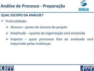 QUAL ESCOPO DA ANÁLISE?
 Profundidade:
 Alcance – ponto de alcance do projeto
 Amplitude – quanto da organização será envolvida
 Impacto – quais processos fora do analisado será
impactado pelas mudanças
Análise de Processo - Preparação
 