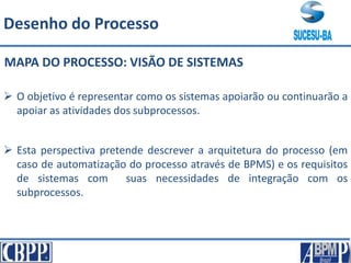 MAPA DO PROCESSO: VISÃO DE SISTEMAS
 O objetivo é representar como os sistemas apoiarão ou continuarão a
apoiar as atividades dos subprocessos.
 Esta perspectiva pretende descrever a arquitetura do processo (em
caso de automatização do processo através de BPMS) e os requisitos
de sistemas com suas necessidades de integração com os
subprocessos.
Desenho do Processo
 