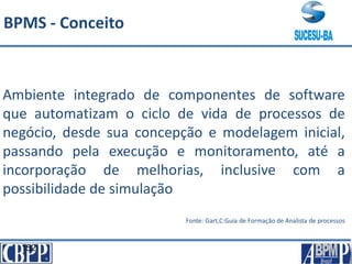 152
BPMS - Conceito
Ambiente integrado de componentes de software
que automatizam o ciclo de vida de processos de
negócio, desde sua concepção e modelagem inicial,
passando pela execução e monitoramento, até a
incorporação de melhorias, inclusive com a
possibilidade de simulação
Fonte: Gart,C:Guia de Formação de Analista de processos
 